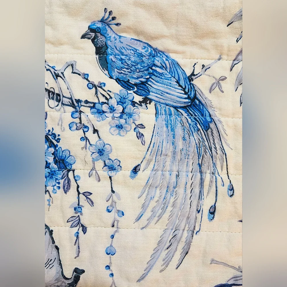 Rachel Zoe Full/Queen Blue & White Toile Bird Floral Quilt Set‎ 3pc